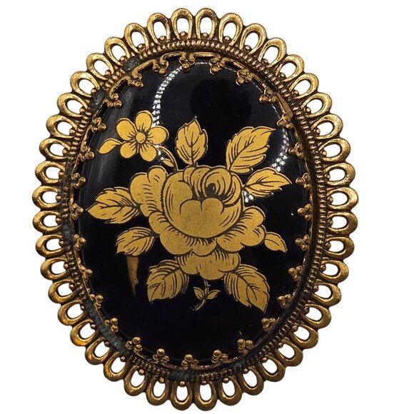 VTG Brooch Gold Tone Black Enamel Floral Cameo Antique Renaissance Granny Pin - Picture 1 of 10